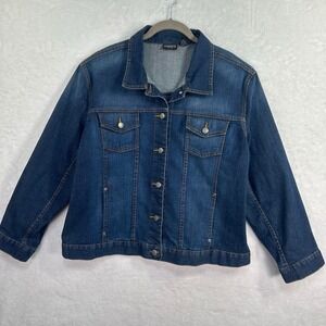 Chico's Denim Jacket Womens XL  Blue Stretch Button Front Trucker Cotton Blend